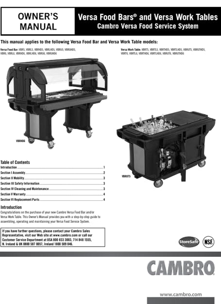 Owner's Manual - Versa Food Bar and Work Table 