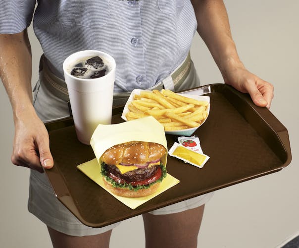 1217FFH167 Brown Fast Food Tray w Handles & Burger Meal