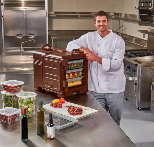UPC300131 Dark Brown Front Loader Insulated Carrier w/ Chef & Food