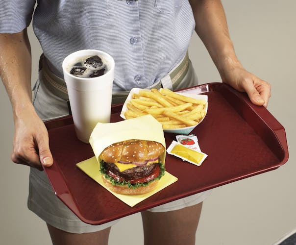 1217FFH416 Cranberry Fast Food Tray w Handles & Burger Meal